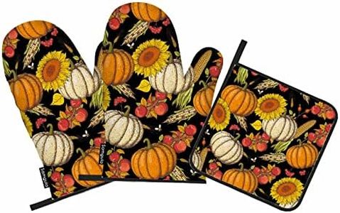 Samgula Autumn Harvest Oven Mitts and Pot Holders Sets Pumpkin Sunflower Corn Fruit Heat Resistant 3pcs for Cooking Baking BBQ