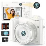 Newest 4K Digital Camera for Photography 64MP Selfie Camera with Front and Rear Dual Lens 16X Digital Zoom Compact Point and Shoot Cameras Vlogging Camera with 32G Card & 2 Batteries (White)