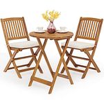 Tangkula 3 PCS Patio Folding Bistro Set, Outdoor Acacia Wood Chair and Table Set w/Padded Cushion& Round Coffee Table, Ideal for Indoor Patio Poolside Garden (Cream)