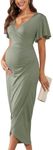 AISWI 2024 Women's Maternity Wrap Dress V Neck Ruffle Sleeves Baby Shower Dresses Photoshoot Party Cocktail Pregnancy Clothes, Sage Green, X-Large