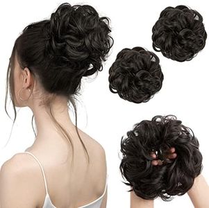 SARLA 2PCS Messy Hair Bun Hair Pieces Wavy Curly Synthetic Updo Fake Scrunchies Ponytail Extension for Women Black Brown