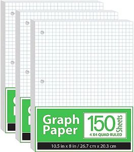 Graph Paper, Loose Leaf Graph Paper, 4 x 4 Squares Per Inch Quad Ruled Graph Paper, 10.5” x 8” Graphing Paper, 56 gsm, 150 Per Pack, 450 Sheets (3 Pack)