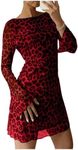 MakeMeChic Women's Leopard Print Dress Y2k Backless Mesh Bell Sleeve Mini Cheetah Print Dress Red Large