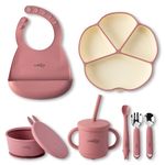 Cubkins Silicone Essential Feeding Set for Babies, Toddlers, Kids | BPA-Free & Microwave Safe | Plate & Bowl w Suction, Sippy Cup w Straw & Lid, Spoon, Fork, Early Feeding Spoon & Bib (Raspberry)