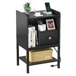 Gannyfer Nightstand with Charging Station,Night Stand with USB Ports and Storage Drawer,Modern 3-Tier End Side Table,Small Wood Bedside Table for Bedroom,Living Room,Black