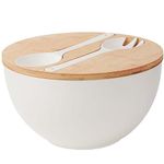 11.3" Extra Large Salad Serving Bowl Set with Wooden Lid&Utensils, 6.5Qt., Bamboo Fiber Salad Bowl with Servers for Kitchen, Lightweight Big Bowl for Mixing Salad,Fruit,Pasta(Matte White)