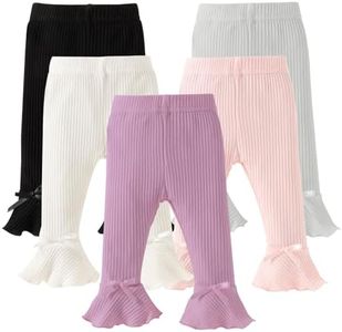 DREAM BUS 5 Pack Baby Pants Toddler Girl Ribbed Ruffle Bell Bottoms Toddler Leggings Baby Boy Pants Newborn Girl Flare Pants