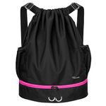 RYACO Drawstring Backpack Sports Gym Bag, Water Resistant String Sackpack Large Size with Zipper and Water Bottle Mesh Pockets for Gym Shopping Sport Yoga School Swimming Beach (Black & Pink)