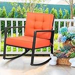 Tangkula Wicker Rocking Chair, Outdoor Glider Rattan Rocker Chair with Heavy-Duty Steel Frame, Weight Capacity Up to 360 lbs, Suitable for Garden, Porch, Backyard, Poolside, with 5” Thick Cushion (1, Orange)