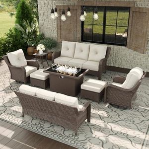 Aeeiua 8 Piece Patio Furniture Set with Fire Pit Table, All-Weather Wicker Outdoor Conversation Set with Swivel Rocking Chair and 6 Inch Thick Cushions