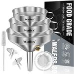 Walfos 3Pcs Kitchen Funnel with 2 Removable Strainer ＆ 1 Cleaning Brush & 1Pc 200 Mesh Food Filter Strainer, Food Grade Stainless Steel Funnel for Transferring of Liquid, Oils, Jam & Dry Ingredients…