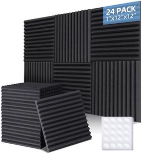 Ohuhu Acoustic Foam Panels 24 Pack with Double-sided Tape, 1"x12"x12" Sound Proofing Panels Acoustic Panels Acoustic Wall Panels Sound Absorption Fireproof for Recording Studio Office Home