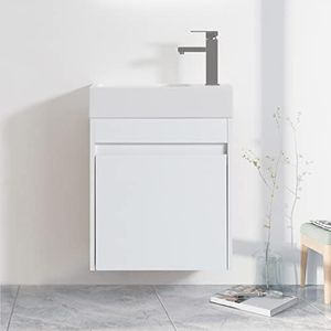 Olela 18'' Bathroom Vanity with Sink Combo with Invisible Handle, Paint-Free Board Wall Mounted Vanity Set with Storage Cabinet and Integrated Basin for Small Space (Not Include Faucet) (White)