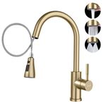 DAYONE Brushed Gold Kitchen Faucet with Pull Down Sprayer(3 Modes), Stainless Steel Tap/Faucet for Kitchen Sink Single Handle High Arch,1 Hole Installation