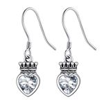 Heart April White Diamond Birthstone Earring for Girls Women 925 Sterling Silver Princess Crown Love Heart Dangle Earring Stunning Heart Cubic Zirconia Earrings Birthday Gift for Mom Wife Daughter