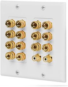 Fosmon 2-Gang 7.1 Surround Distribution Wall Plate, Home Theater Gold Plated Copper Banana Binding Post Coupler Type Wall Plate for 7 Speakers, 2 RCA Jacks for Subwoofers, White