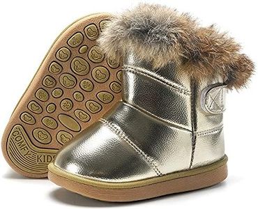 Girls Boys Snow Boots Baby Winter Warm Fur Lined Boots Ankle Booties Kids Flat Waterproof Shoes Size (Toddler/Little Kid), Gold, 7 UK Child