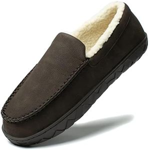 NewDenBer Men's Moccasin Slippers Warm Memory Foam Suede Plush Shearling Lined Slip on Indoor Outdoor House Shoes, 24.dark Brown (Leather), 12