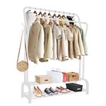 Holdfiturn Clothes Rail Metal Clothing Rail for Bedroom 146x36.5x109cm Hanging Rails Heavy Duty Clothes Drying Rack Coat Rack with Hooks and Shoe Storage Shelf White