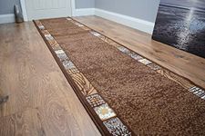 SrS Rugs® Luna Collection, Modern Long Carpet Runner Rug for Entrance Hall and Stairs. Smooth Soft 8mm Depth Pile. 70cm Wide. Any length (Brown Borders, Length: 15' (457cm))