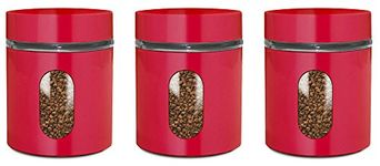 PriorityChef Tea, Coffee, Sugar Jars, Set of 3 Glass Canisters in Red Metal Overlay, Air Tight Screw Top Lids, Perfect Storage Solution