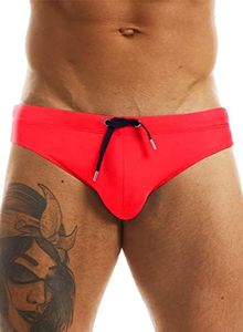 MIZOK Men's Swimwear Bikini Swimming Briefs Drawstring Swimsuits Board Surf Shorts Trunks Red L