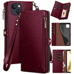 XcaseBar for iPhone 14 6.1" case with Zipper RFID Blocking Credit Card Holder, Flip Folio Book PU Leather Phone case Shockproof Cover Women Men for Apple 14 Wallet case Wine Red