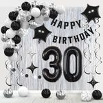 30th Birthday Decorations for Her Him, Silvery and Black 30 Birthday Party Decorations for Women Men, Happy Birthday Banner Number 30 Balloons Foil Fringe Curtains for 30 year old Birthday.