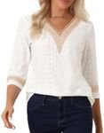 Allegra K Women's 3/4 Sleeve Shirts V Neck Lace Trim Color Block Dressy Tops Small White