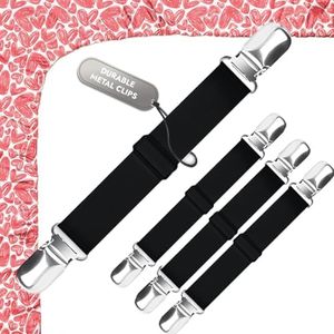 5 STARS UNITED Bed Sheet Straps Set | Easy to Use Adjustable Elastic Fasteners with Metal Clips | Sheet Holders for Corners | Fitted Sheet Clips to Hold Sheets in Place | (4 Pcs Black)
