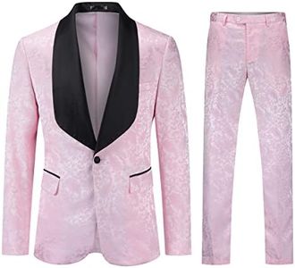 YFFUSHI Men's 2 Piece Suits Jacquard Tuxedo 1 Button Shawl Collar Party Wedding Dinner Suit Pink