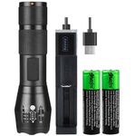 COXNSXX USB Rechargeable Torch Flashlight, Compact Torch with 2PCS 18650 Rechargeable Battery and 1-Slot USB Charger Suitable for Outdoor, Cycling,Fishing, Dog Walking, Waterproof, 5 Modes