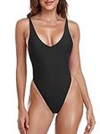 RELLECIGA Women's Black High Cut Low Back One Piece Thong Swimsuit for Women Size Small