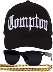 Men's Compton 80s Rapper Costume Kit - Curved Bill Hat + Sunglases + Chain Necklace Set Black