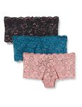 Iris & Lilly Women's Lace Cheeky Hipster Knickers, Pack of 3, Black/Deep Blue/Dusty Rose, 12