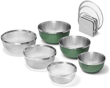 Caraway 10-Piece Mixing Bowl Set with Lids, Strainers, and Lid Storage Organizer - 6 qt, 4 qt, 2 qt Stainless Steel Bowls, Tempered Glass Lids, and Kitchen Strainers - Non-Toxic, PFAS-Free - Sage