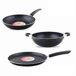 NAVRANG Non Stick Aluminium Cookware Set of 3 Pcs | Nonstick Dosa Tawa 27.5cm, Fry Pan 20cm, Kadai 23cm with Sturdy Handles | Kitchen Set - Black & White