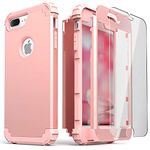 for iPhone 8 Plus Case, for iPhone 7 Plus Case with Tempered Glass Screen Protector, IDweel 3 in 1 Shockproof Slim Hybrid Heavy Duty Hard PC Cover Soft Silicone Bumper Full Body Case, Rose Gold