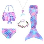 Suffolly 5Pcs Girls Swimsuit Mermaid Tails for Girls Swimming Princess Bikini Sets Colorful Bathing Suits Purple,140