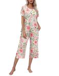 Ekouaer Women's Pajama Set - Cotton-Blend Short-Sleeve Loose Top with Matching Capri Bottoms 2 piece pj sleepwear PAT6,L