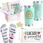 PETSUPS Teacher Gifts for Women,Thank You Gifts for Teachers,Personalised Teacher Gift Basket Include 20oz Green Teacher Travel Mug, Makeup Bag, Maple Leaf Bookmarks,Socks, Greeting Card