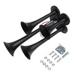 FARBIN 12V/24V Truck Air Horn 178DB 4 Trumpet Horns Train Horn for Truck Super Loud Air horns with Electric Solenoid Chrome Universal for Truck Car Jeep SUV Train Boat Metal Black(black 4-tube 12/24V)