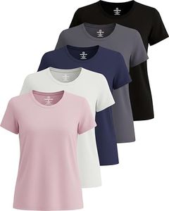 Real Essentials Womens Plus Size Just My Quick Dry Fit Dri Fit Active Wear Yoga Workout Athletic Tops Running Gym Exercise Ladies Short Sleeve Crew Scoop Neck Tees T-Shirt, Set 6, 2X, Pack of 5
