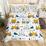 Construction Bedding Set Full Size Kids Excavator Tractor Toddler Comforter Cover Set Cartoon Car Equipment Trucks Plaid Grid Duvet Cover Construction Vehicles White Yellow Bedspread Cover