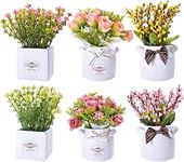 Yorkmills 6pcs Artificial Flowers with vase, Fake Flower Arrangements in Ceramic Pots, Small Faux Flowers for Home Decoration, Spring Decor, Table Centerpiece Shelf Living Room Office