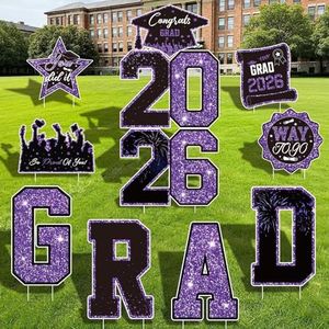 Graduation Yard Signs Class of 2026 Decorations, 11pcs Black and Purple Congrats Grad 2026 Lawn Yard Sign with Stakes, 2026 Sign for High School College Indoor Outdoor Graduation Party Decor Supplies