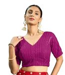 Pujia Mills Women's Indian Ethnic Wear Designer Silver Sequence with Matching Embroidered Work V Neck Half Sleeve Readymade Padded Saree Blouse Readymade Unique Pink Color Saree Blouse