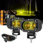 Auxbeam LED Amber Fog Light, 4Inch 60W Led Amber Driving Offroad Lights Super Bright Amber Light Pod with Wiring Harness Kit Yellow Flood Beam Pod Light for Truck SUV ATV UTV Jeep Wrangler Motorcycle