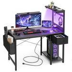 Grandder LED Gaming Desk, 100x50cm Computer Desk with Reversible Shelves, Storage Box, Integrated Wall Socket, Modern Design for Home and Office Black