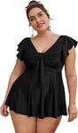 Women's Plus Size Tankini Swimsuit Ruffle Sleeve Two Piece Bathing Suit (AU, Alpha, 3X, Regular, Regular, Black)